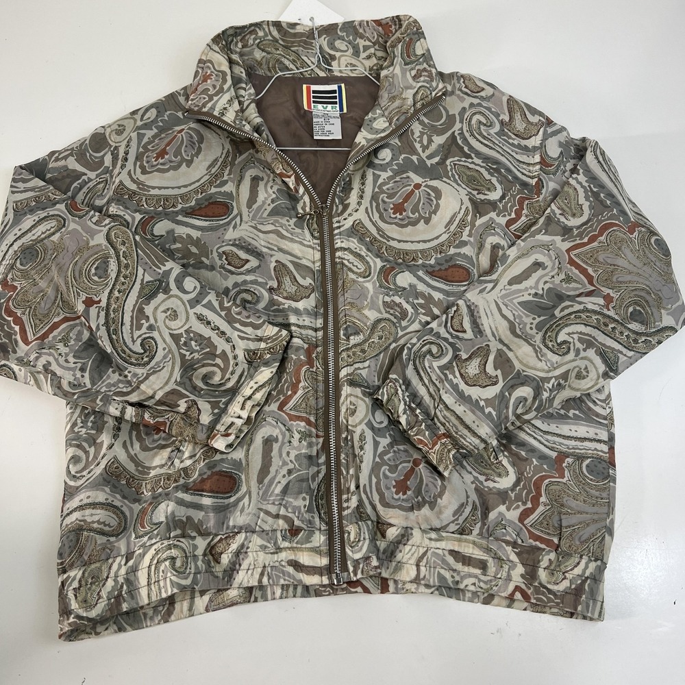 EVR‎ Vintage Jacket Womens Small Brown Paisley 100% Silk Zip Front Bomber